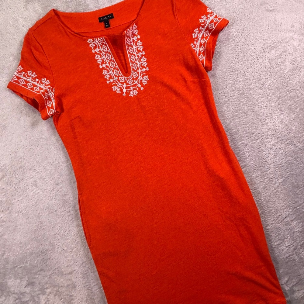 Talbots Tunic Dress Women's Sz S Orange Embroidered Cotton‎ Short Sleeve Shift